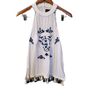 Francesca’s High Neck Embroider Beaded Tassle Top